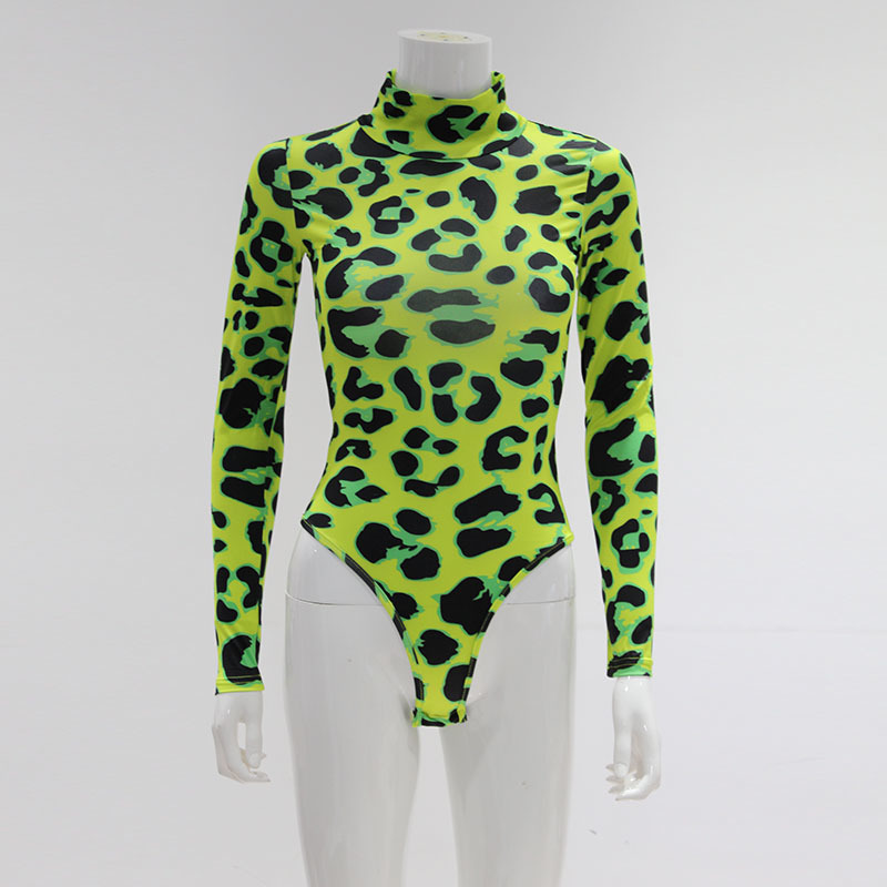 CNYISHE Women Long Sleeve Leopard Skin Prinetd Bodysuit Sexy Neon Green Streetwear Jumpsuit Skinny Leopard Tops Fashion Rompers 220811