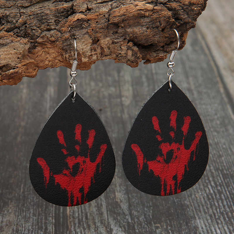 Halloween Palm Boucle D'oreille Charme Rétro Main Palm Blood Drop Boucles D'oreilles En Cuir Imprimé pour Femmes Bijoux De Fête