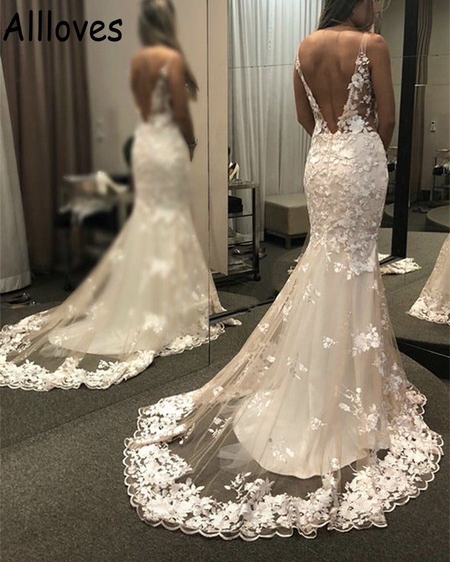 Arabskie sukienki ślubne Aso Ebi Ebi -Mermaid dla kobiet Sheer Scyk Kwiat Koronkowy Koronkowy Sukienki ślubne Zamiatanie pociąg Seksowne otwarte back Vestidos de Novia Plus Size CL0814