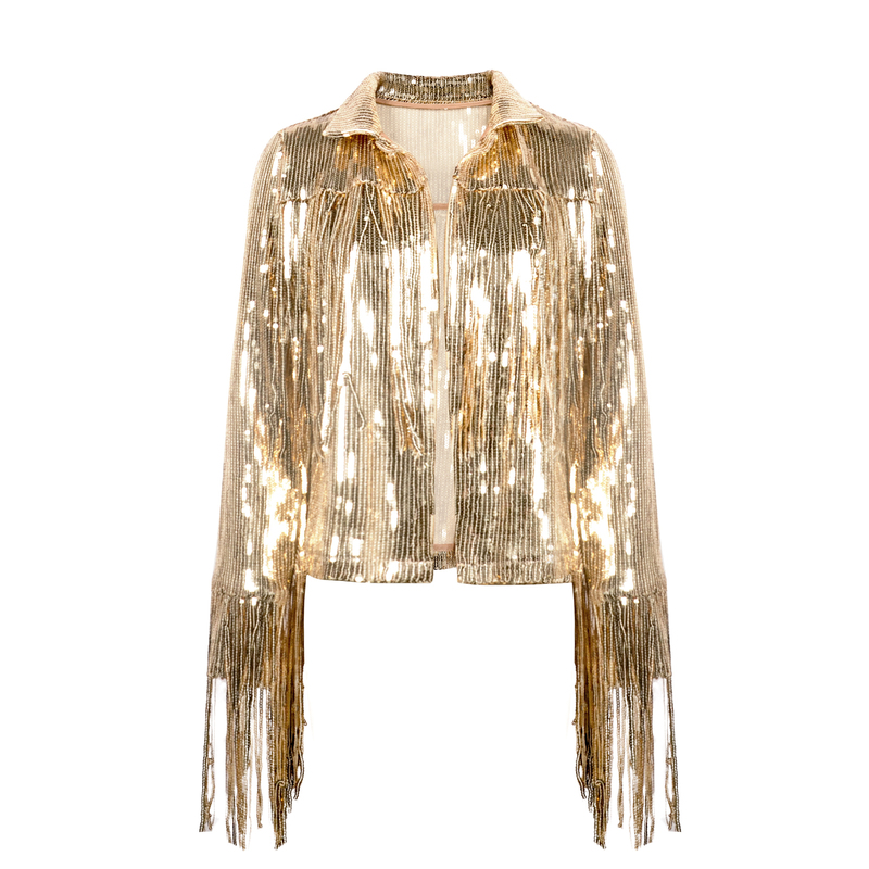 Performance Silver Tassel Sequin Jacket Retro Longsleeved Silver Reflective Jacket Women Outwear Tops Sequin Coat Women's 220811