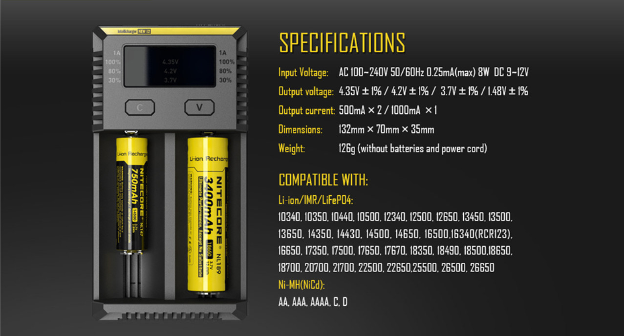 Nitecore New i2 Intelli Charger Universal Battery Charger Fast for AA AAA Li-ion 26650 18650 14500 Batteries Charging