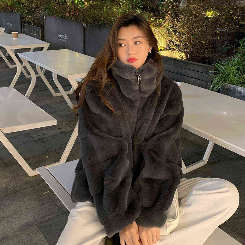 2021 nova jaqueta feminina de pele sintética feminina gola alta de inverno casacos de manga longa feminino sólido solto solto casaco de pele de vison L899 T220810