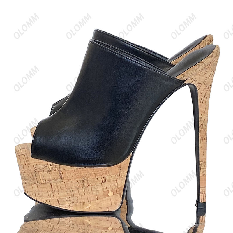 Olomm Handmade Women Platform Mules Sandals Cork Ultra High Heels Peep Toe Classics Black Casual Shoes Ladies Us Plus Tamanho 5-20