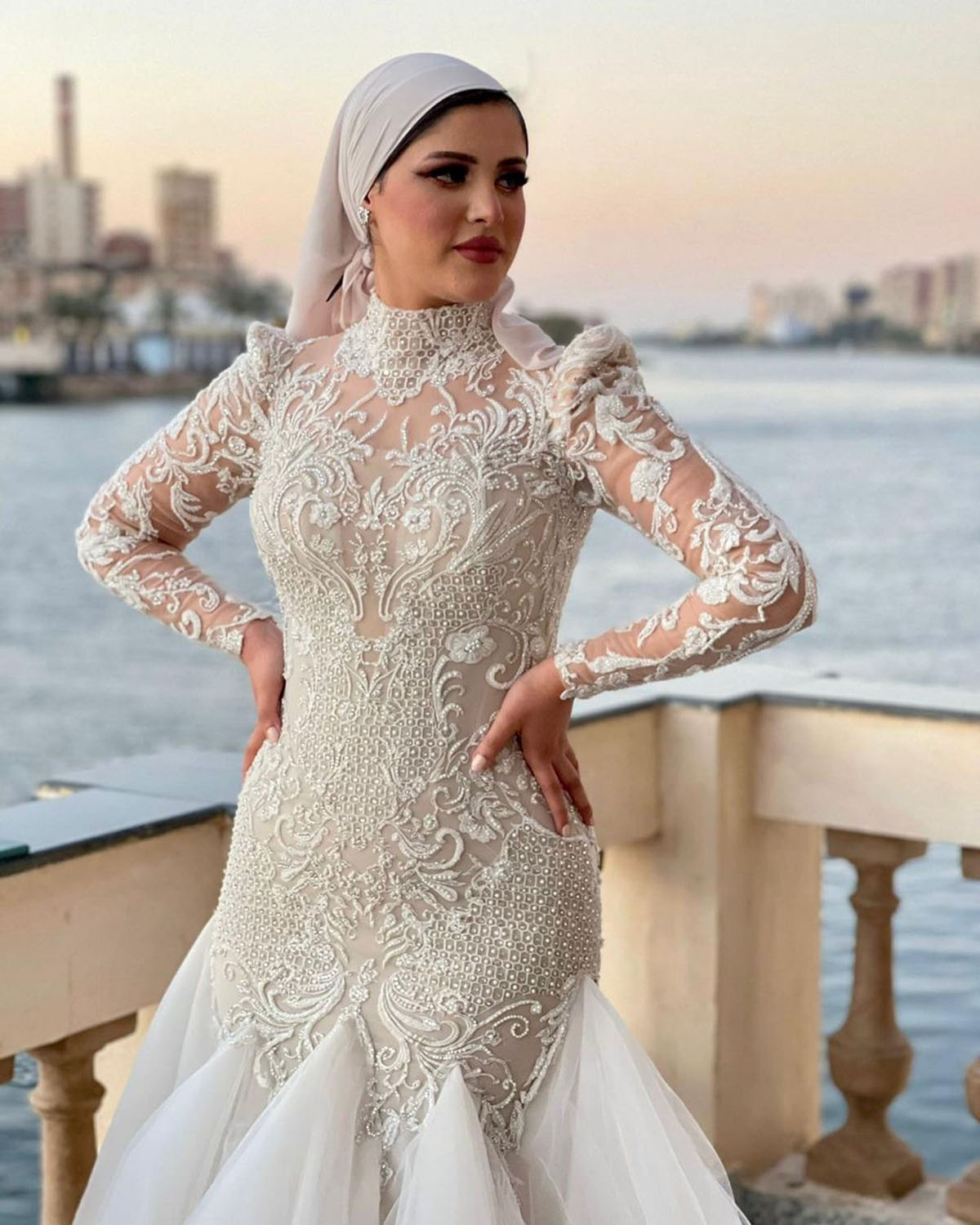 3D Kwiki kwiatowe Suknia ślubna Syrenka Muzułmańska wysoka szyja Koronkowa panna młoda Sukienki o szatę de Mariee suknie ślubne prawdziwy obraz