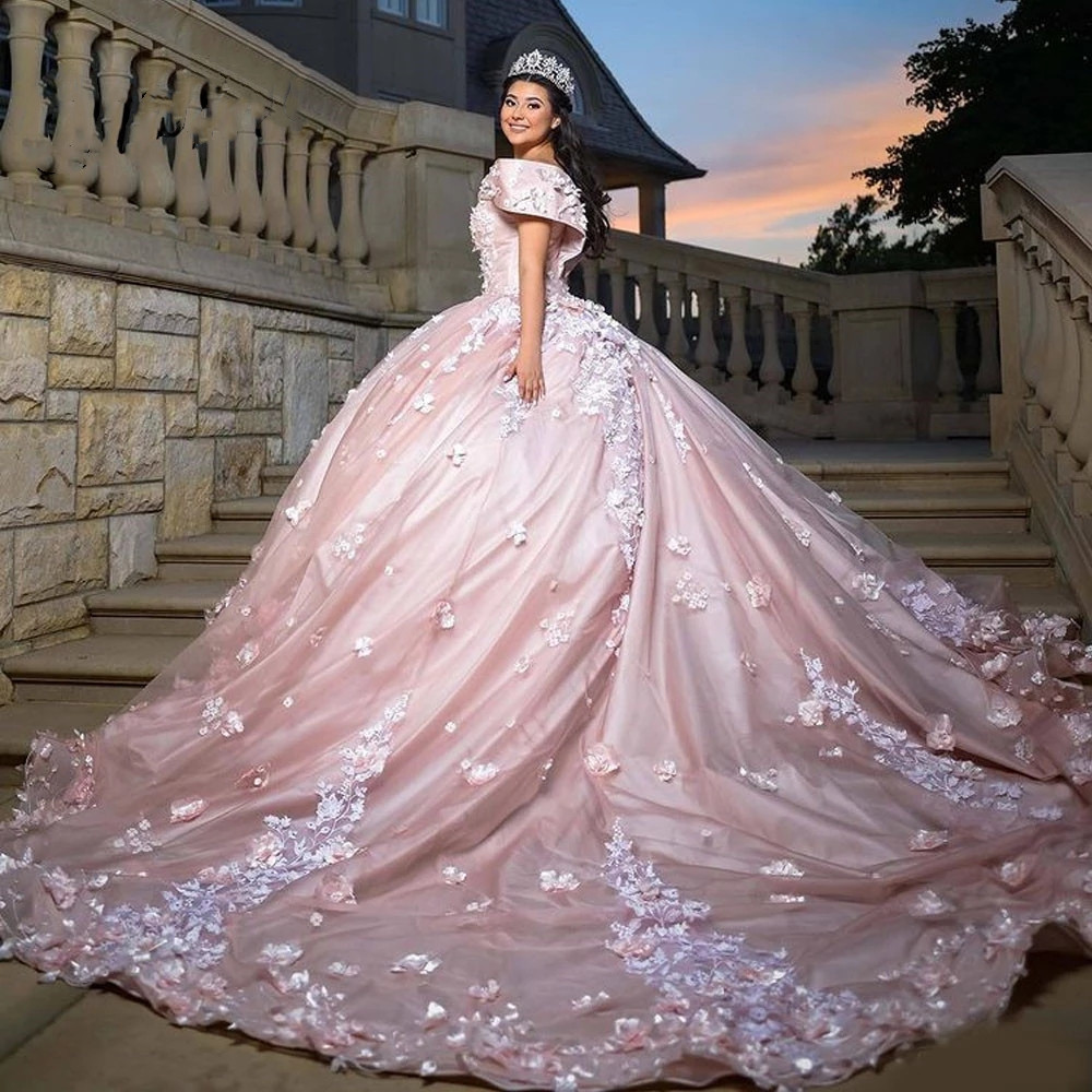 Pink Princess Ball Gown Quinceanera Dresses Sparkly Pearls Sweet 16 Dress Luxury Vestidos De 15 Anos For Birthday Party