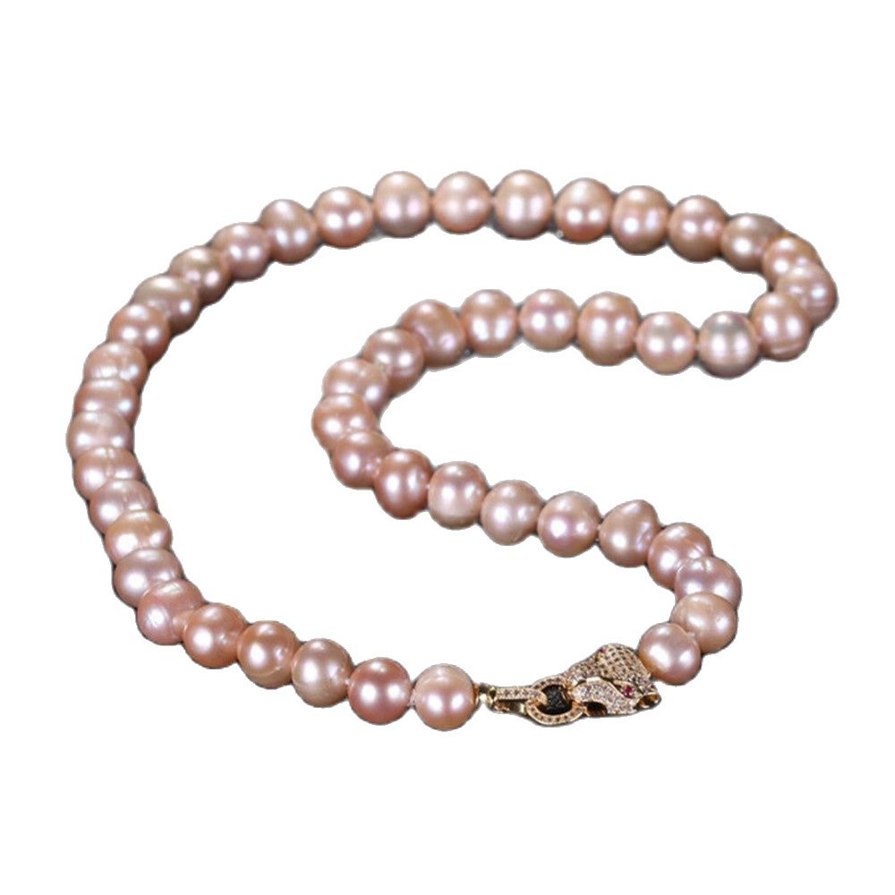 Handknoopte ketting 9-10 mm Wit roze Paarse Zwart Zwart Parel Pearl Micro Inlay Zirkoon Luipaard Kop Buckle Accessoires Ketting Lang 55 cm