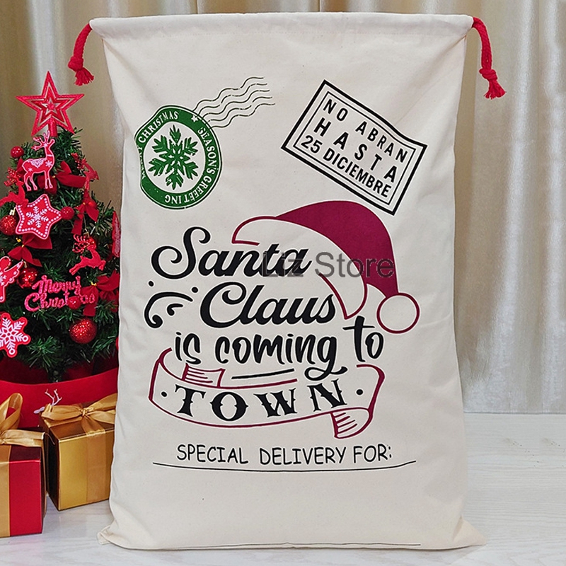 Christmas Drawstring Bag Santa Claus Candy Sack Xmas Trees Elk Canvas Sacks Large Capacity Storage Bags Household Decoration TH0123