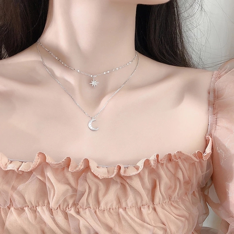 s925 sterling Silver Star Moon Double Necklace Women Clavicle Chain Shiny Diamond Fashion Jewely Accessories 2208185699041