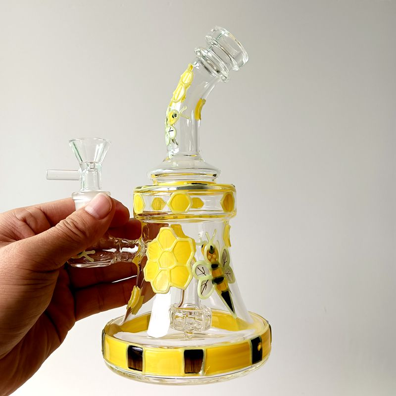 Mini 8.5 inch Yellow Exquisite Design Glass Water Bong Hookahs with Honeybee Pattern Delicate Smoking Pipes Female 14mm