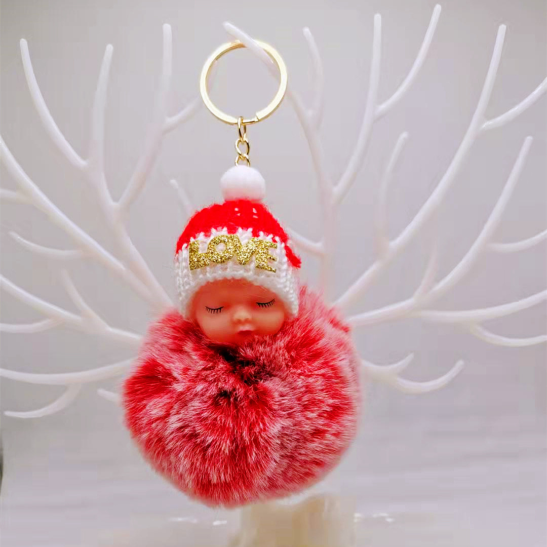 Juls sovande baby docka boll nyckel kedja biltangent Keyring Holder Bag Pendant Charm Keychain Plush Päls Ny söt kvinnlig nyckel