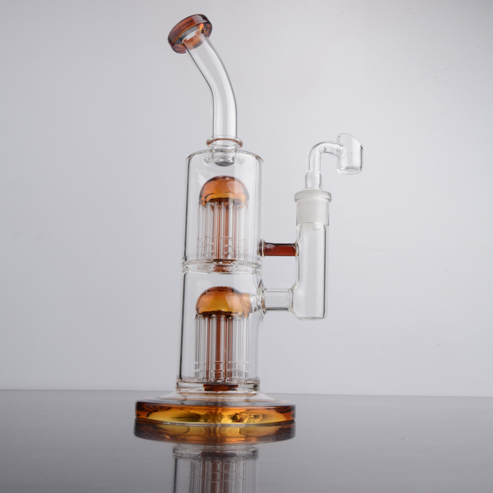 ガラス水ギセル ダブルチャンバーアームツリー Perc Bongs ディフューザー 水パイプ オイルバーナー バブラー ダブリグ シーシャ バンガー付き 14mm ジョイント ブルー パープル ダークグリーン カラー