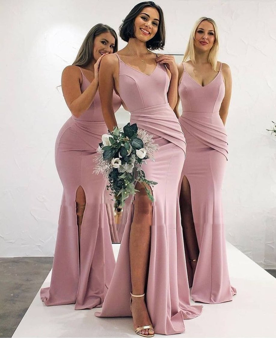 Champagne Mermaid Bridesmaid Dresses Long Sexy Slit V-neck Spaghetti Strap Pleated Maid Of Honor 2022 Wedding Guest Party Dress