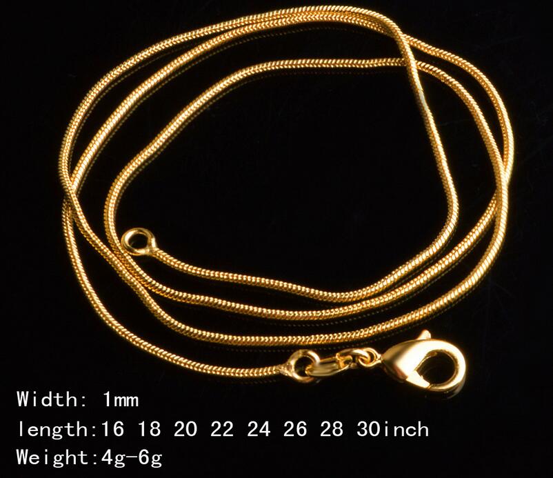 Catene di serpente placcate oro 18 carati da 1 mm Collana con chiusura a moschettone liscia dorata da 16-30 pollici donna