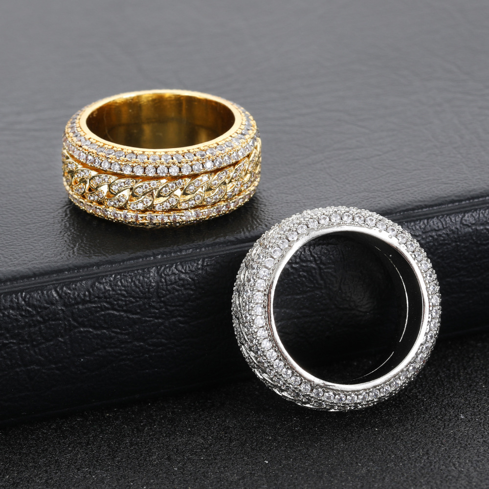 Bling Zircon Rotating Ring with Side Stones Rotatable Hip Hop Men's Cuban Circle Finger Jewelry