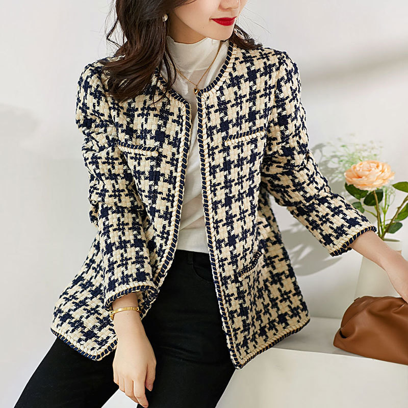 Gacvga elegante tecido xadrez blazer feminino com bolso e forro outono inverno casual tweed casaco escritório feminino jaqueta 220818