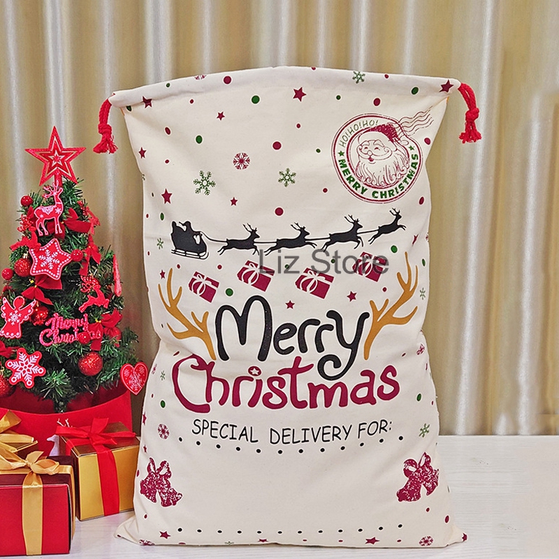 Christmas Drawstring Bag Santa Claus Candy Sack Xmas Trees Elk Canvas Sacks Large Capacity Storage Bags Household Decoration TH0123