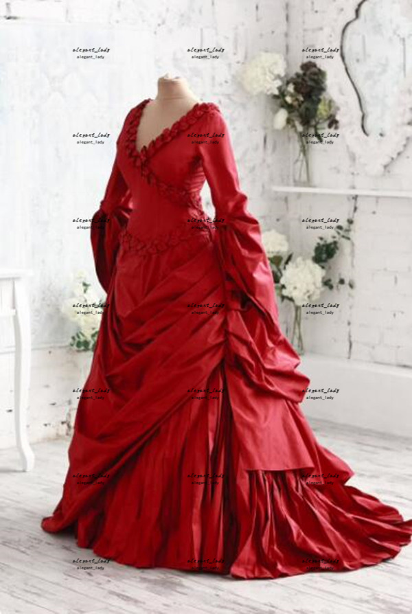 Red Victorian Ballroom 무도회 드레스 Mina의 Dracula Bram Stoker Long Sleeve Vampire Gown Silk Gothic Carnival Costume Evening Gown