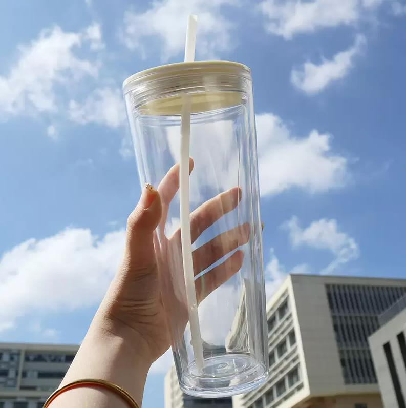 24oz Clear Plastic Tumblers Flat Lid Acrylic Water Bottles with colorful Straw 710ml Double Walled Portable Office Coffee Mug Reusable Transparent low moq