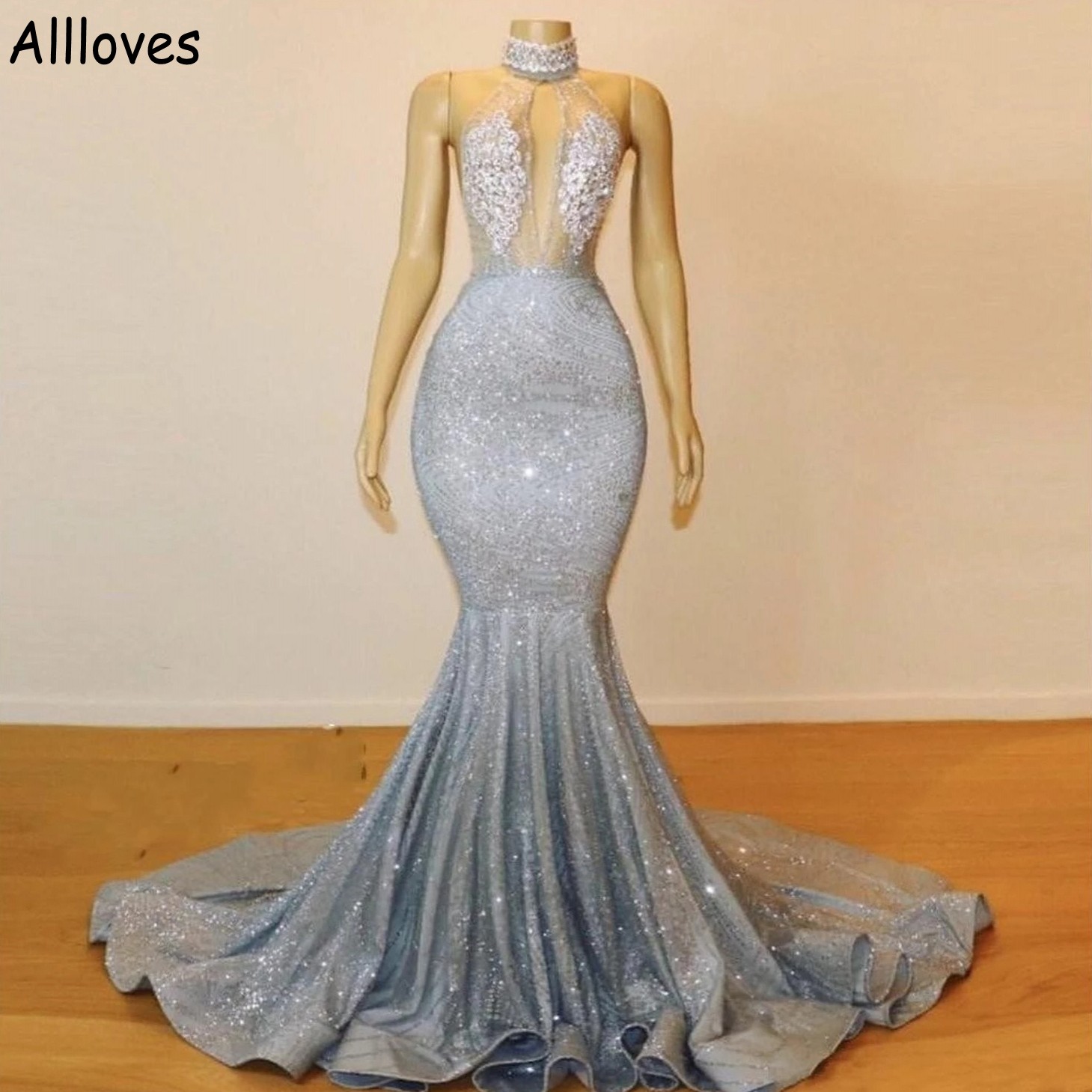 Zilveren lovertjesavond beroemdheid jurken zeemeermin glitter halter kanten toegewezen sexy prom party jurken court trein open terug formele gelegenheid robe de soiree cl0899