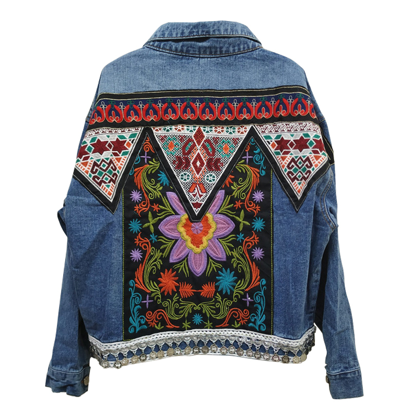 Jacket Women s Spring Boho Denim for Women Floral Appliques Embroidery Vintage Coat Long Sleeve Outerwear Female Coatee 220819