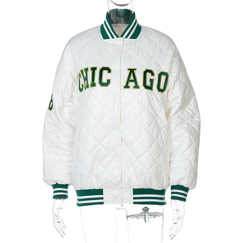 Y2K Green Print Fashion Baseball Coat Autumn Winter Spectwork Patchwork Jacket Varsity Women White 220818