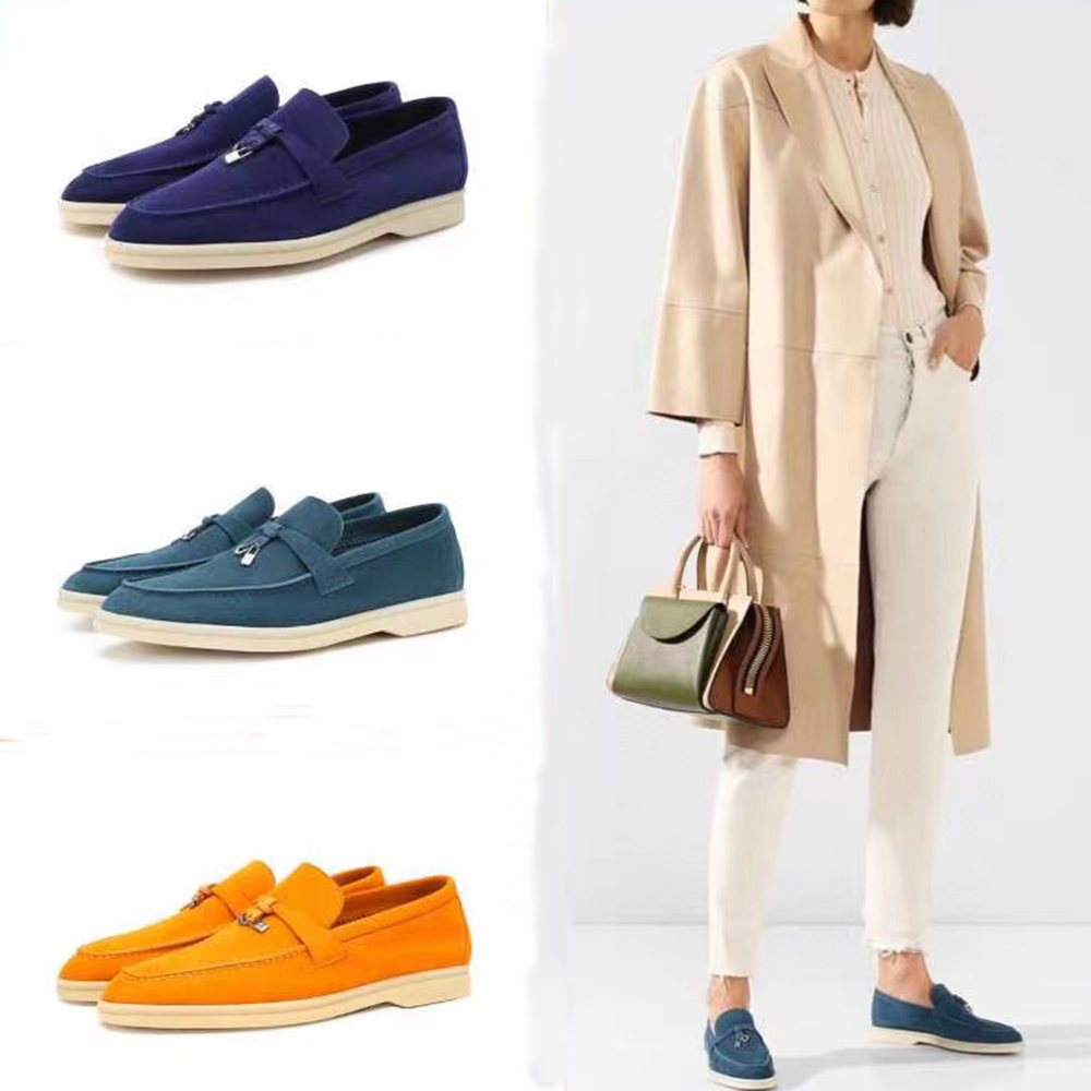 Loro Piana Summer Charms Walk Casual Shoes Women Loafers Couples Shoes äkta Leathermes Suede Calf Skin Muller Shoe Brand Luxury Designer