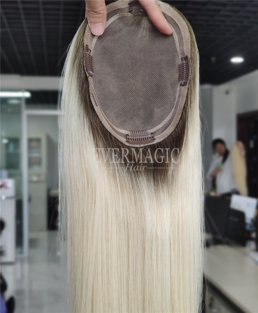 New Coming Stock Blonde With Dark Root Human Hair Toppers Mono With Around Base Clips In Pieces for Thinning Women