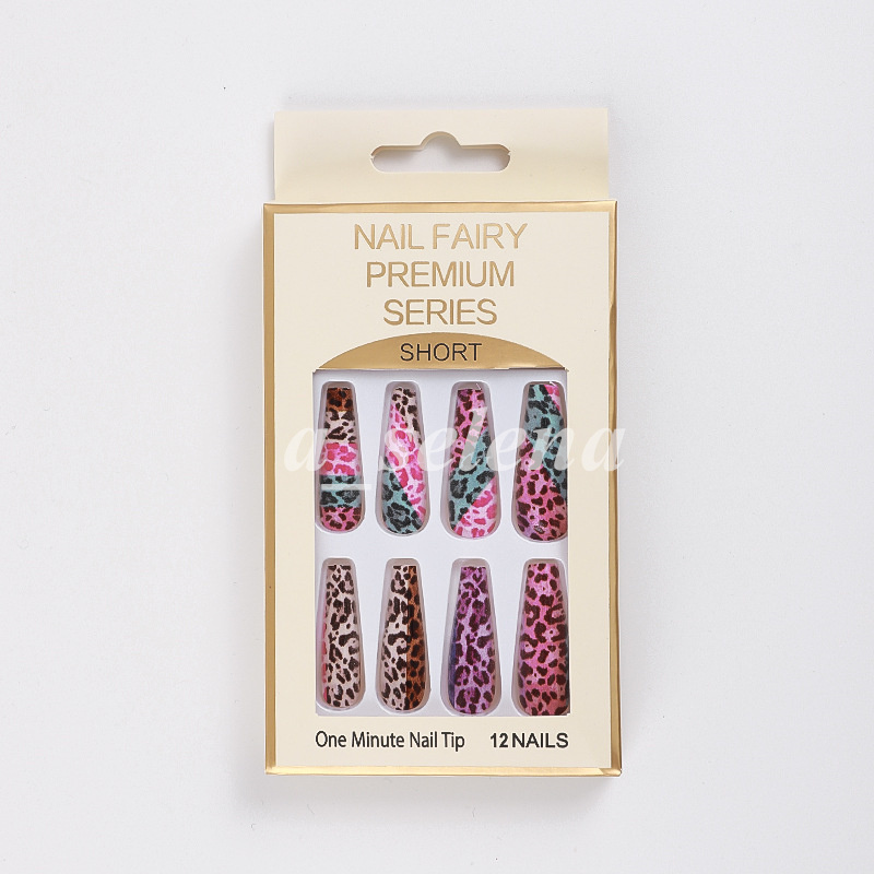 leopard unhas falsas de caix￣o extra longo Padr￣o de animal de unhas de capa completa Dicas de unhas manicure