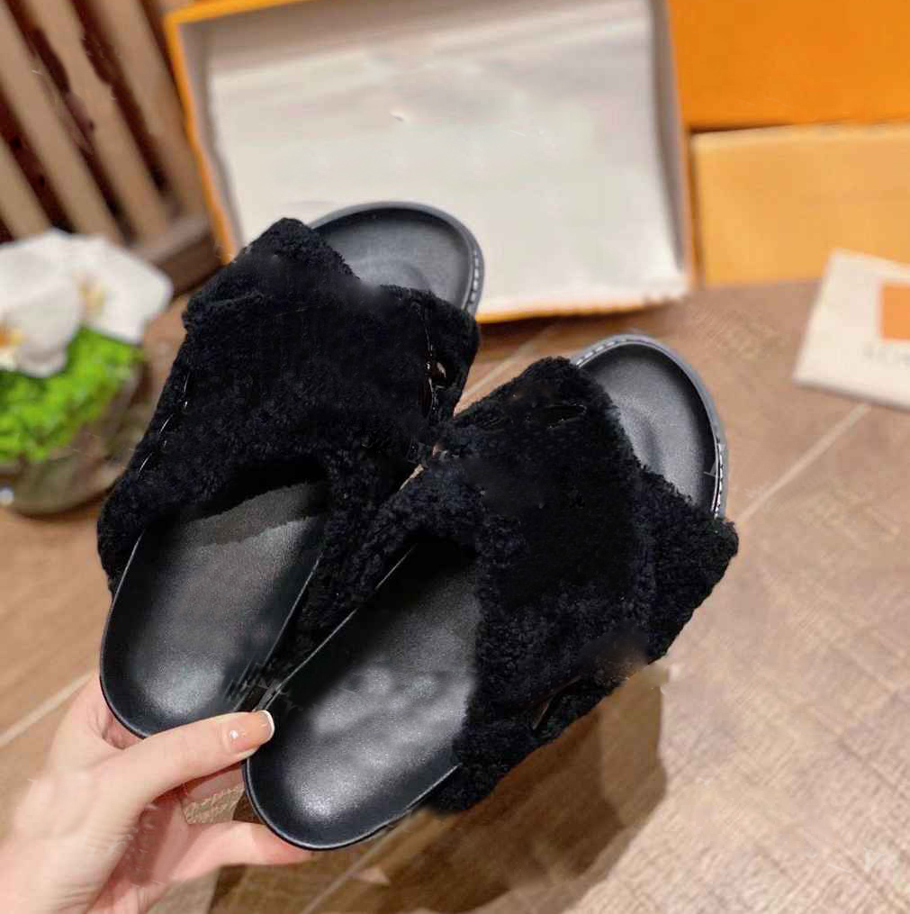 Chinelos de designer senhoras chinelos quentes confortáveis inverno tendência encaracolado fofo menina preto branco flip flops 36-40