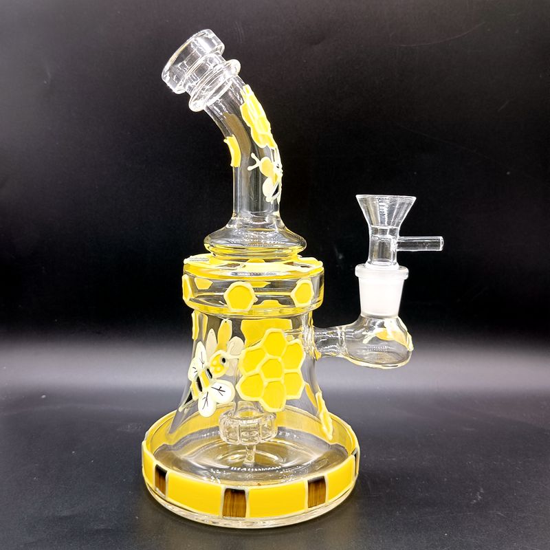 Mini 8.5 inch Yellow Exquisite Design Glass Water Bong Hookahs with Honeybee Pattern Delicate Smoking Pipes Female 14mm