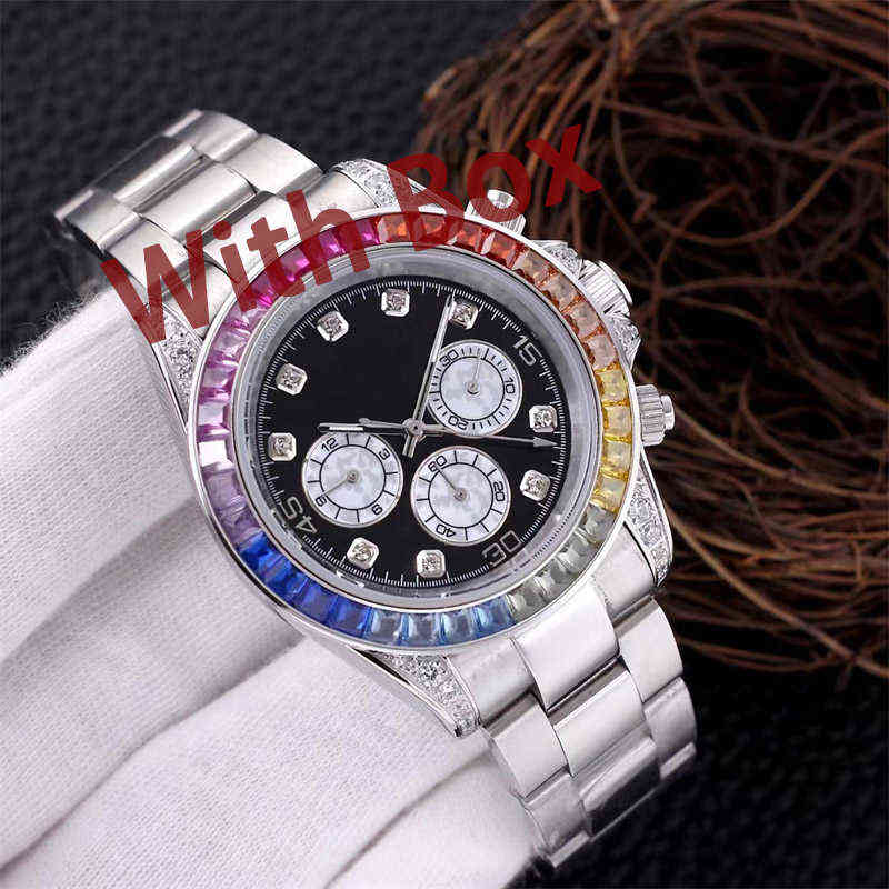 huiya06 Drop Herrenuhr Quarzwerk Uhren 40 mm Stahl Bunte Regenbogen-Diamant-Lünette Saphir wasserdicht263n