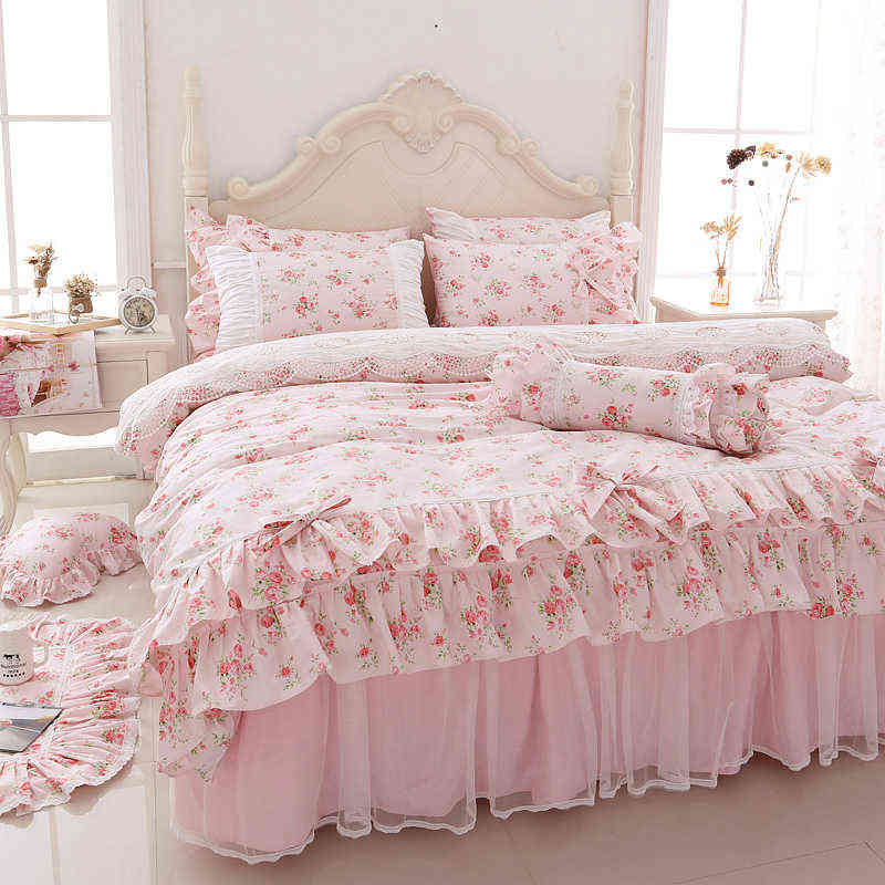 100% Cotton Floral Printed Princess Bedding Set Twin King Queen Size Pink Girls Lace Ruffle Duvet Cover Bedspread Bed Skirt Set T2218t