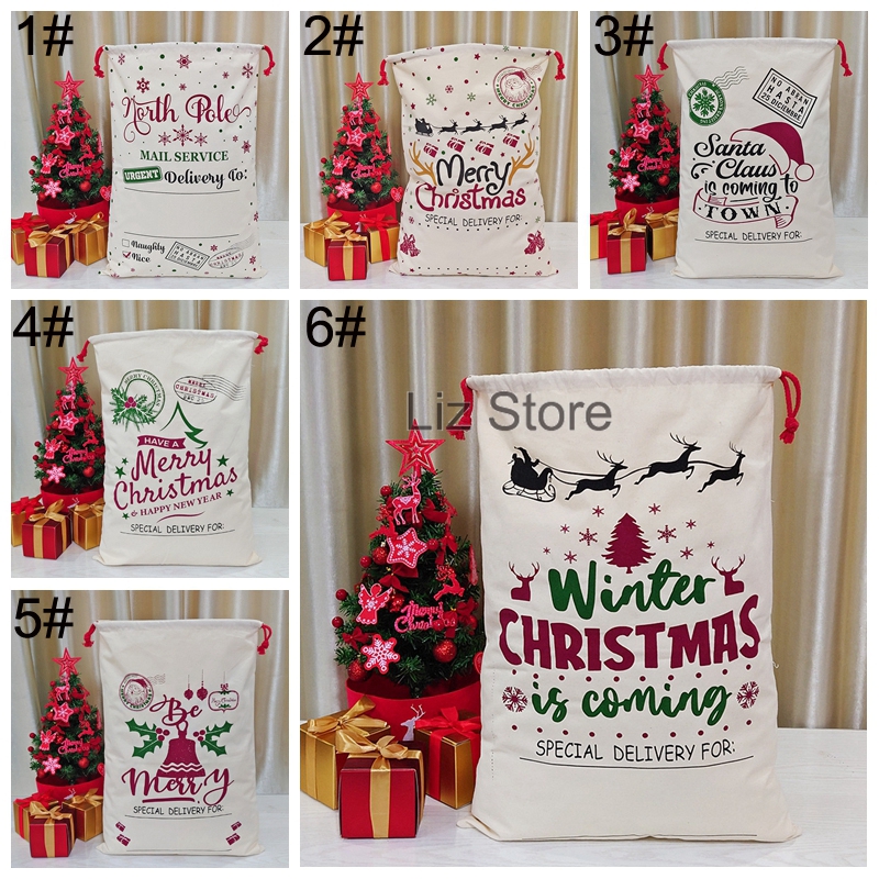 Christmas Drawstring Bag Santa Claus Candy Sack Xmas Trees Elk Canvas Sacks Large Capacity Storage Bags Household Decoration TH0123