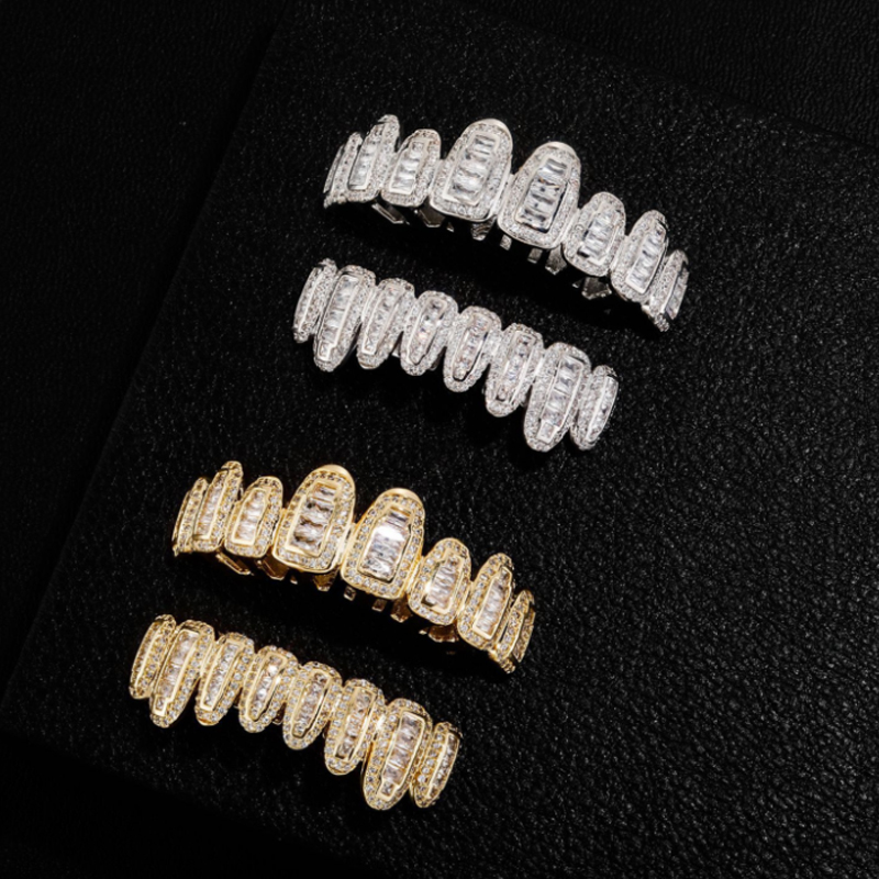 Iced Out CZ Paved Teeth Grillz for Men Women Body Hip Hop Top Bottom Vampire Fangs Grills