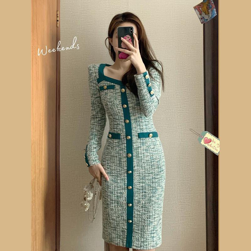 Kadınlar Uzun Kollu Elbise Kare Yaka Retro Yeşil Renk Tek Göğüslü Bodycon Tunik Kalem Vestidos Smlxl