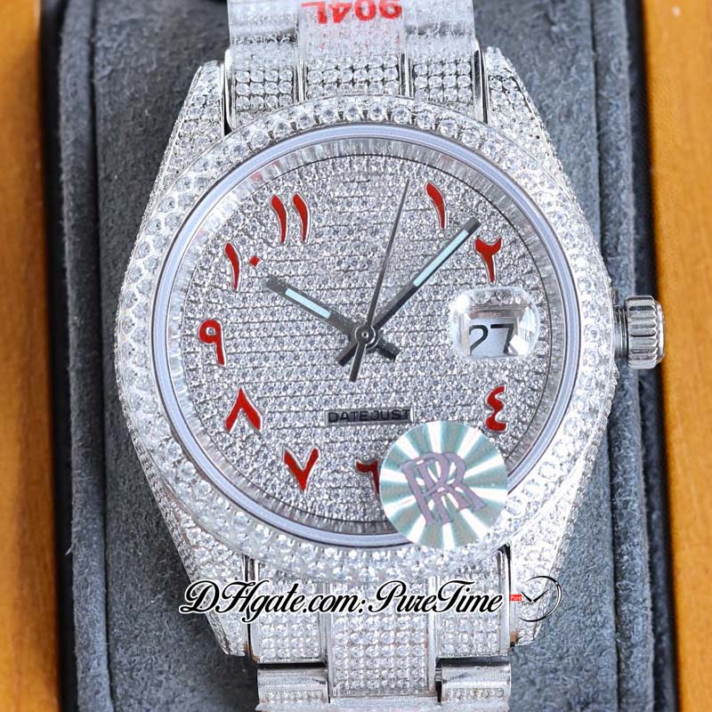 RF 40 126334 ETA A2824 Orologio automatico da uomo con quadrante in diamanti con pavé di diamanti, scritta araba rossa, diamanti completamente ghiacciati, bracciale in acciaio Oyster 904L, orologi gioielli Puretime F02e5