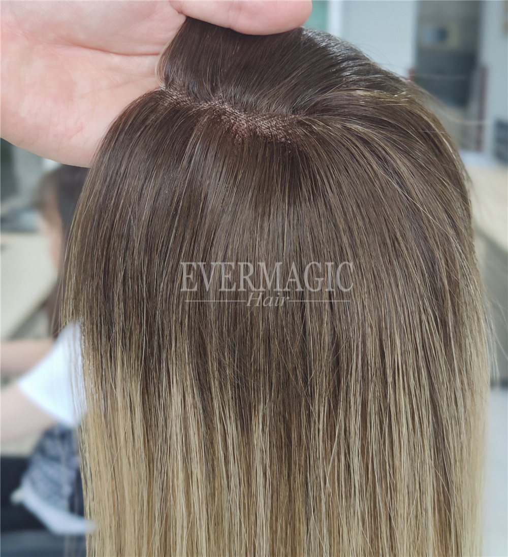 Neu im Angebot: Balayage Blonde Vollspitze-Echthaar-Topper, transparente Spitzen-Basis-Clips in Stücken für dünner werdende Frauen