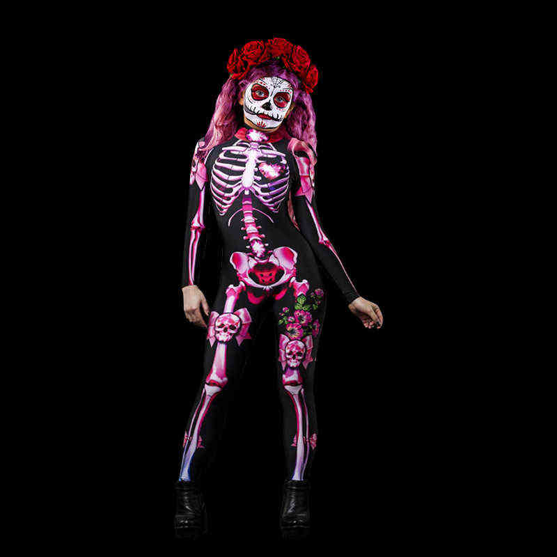 Sexy Frauen Mädchen Halloween Skelett Rose Scary Cosplay Overall Teufel Geist Overall Party Karneval Leistung 3D Druck Bodysuit Y220819