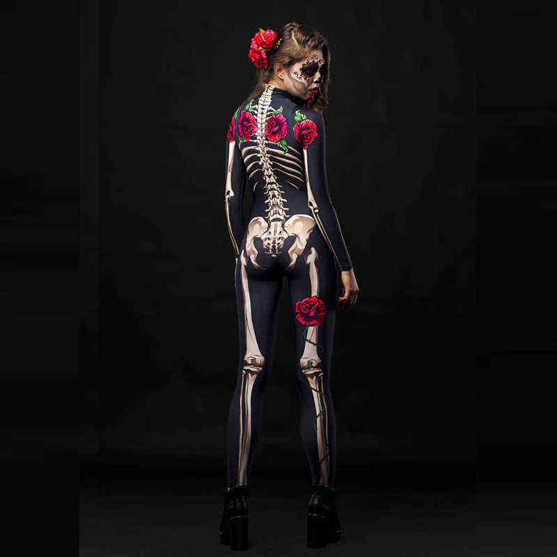 Sexy Frauen Mädchen Halloween Skelett Rose Scary Cosplay Overall Teufel Geist Overall Party Karneval Leistung 3D Druck Bodysuit Y220819