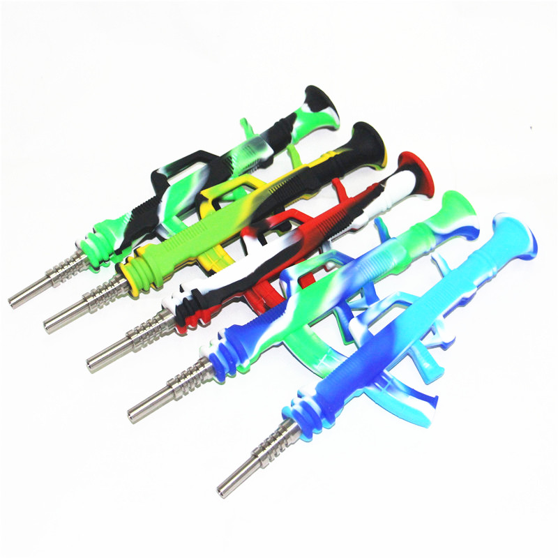 Wholesale Smoke AK47 Gun design Portable Nectar pipe Silicone Smoking Pipes Hookah Unbreakable Titanium dab nail nectar