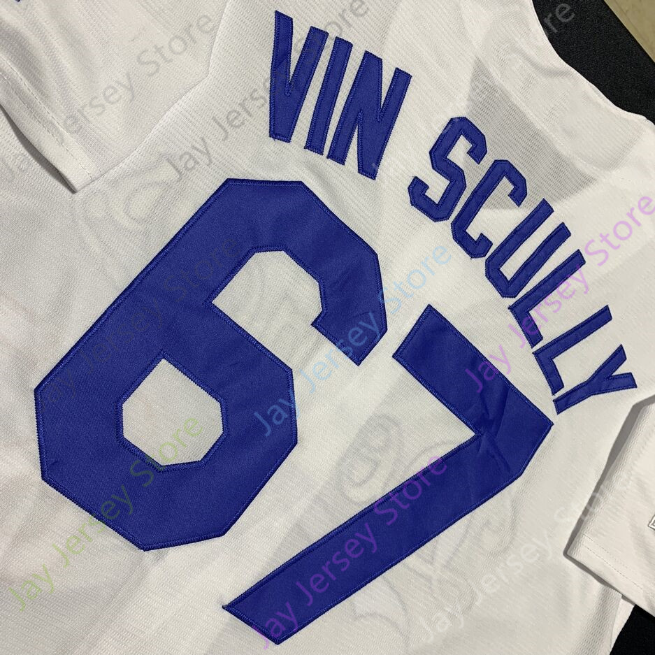 Vin Scully Jersey Voice 1950 2016 Patch 67 White Blue Grey Black Cool Base Home Way تطريز