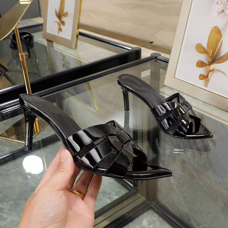 New women`s high-heeled slippers Designer leather sexy summer stiletto sandals thin strap combination fashion banquet heel height 6.5CM with box
