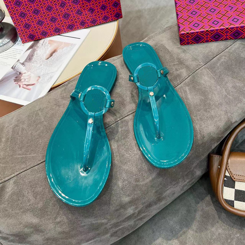 Designer damer tofflor ren gelé sandaler mode platt enkel havssemester flip flop 36-42 meter med låda