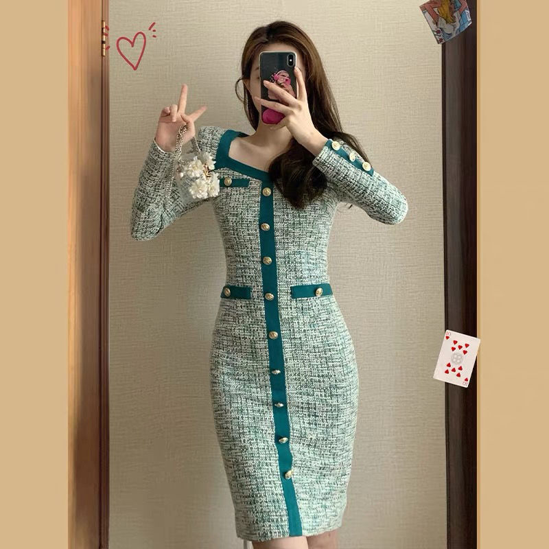 Kadınlar Uzun Kollu Elbise Kare Yaka Retro Yeşil Renk Tek Göğüslü Bodycon Tunik Kalem Vestidos Smlxl