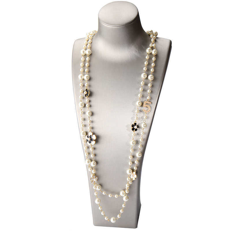 Women Long Chains Layered Pearl Beaded Necklace Collares de moda Number 5 Flower Party Jewelry307y