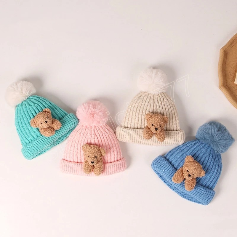 Cartoon Bear Baby Boy Girl Hat Cute Pompom Knitted Autumn Winter Cap Solid Color Thick Warm Beanie