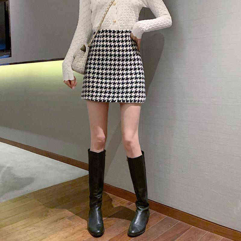 HOUZHOU Gonna da donna di lana di moda coreana Vintage Plaid pied de poule a vita alta A-line Slim Minigonne Autunno Inverno Elegante T220819