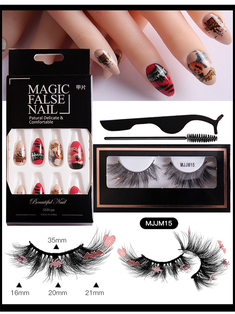 Halloween Party Eye lashes Extension False Nails Sets Fake Full Cover Acrylic Press On Eyelashes