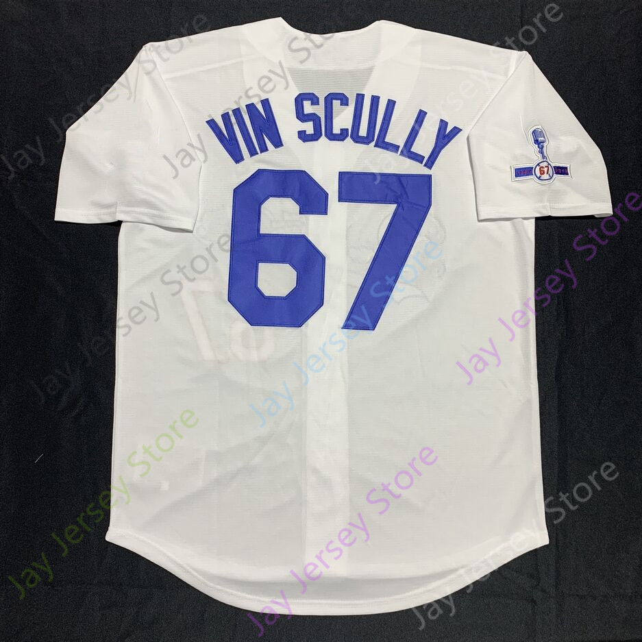 Vin Scully Jersey Voice 1950 2016 Patch 67 Wit Blauw Grijs Zwart Cool Base Home Way Borduurwerk