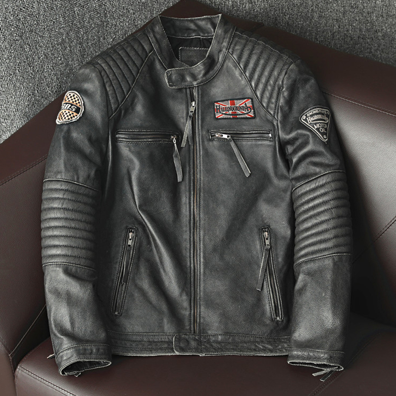 Мотоцикл подлинный кожаный курт для мужчин в стиле байкерских курток Slim Cowhide Spring Pave Men 220819